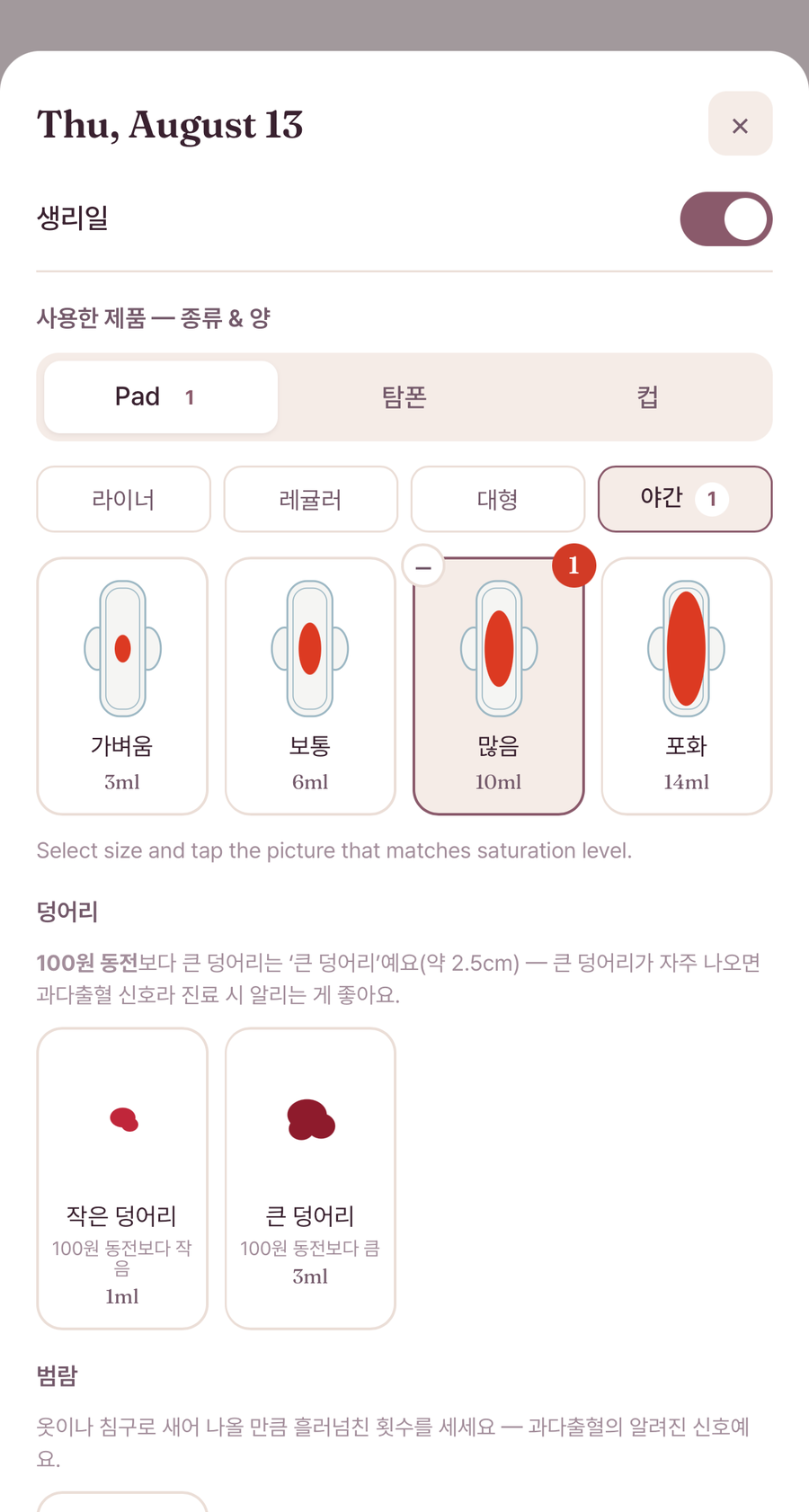 PeriodVol 기록 화면: 흡수 정도에 맞는 패드·탐폰·컵 그림을 탭, 덩어리·범람도 함께 기록