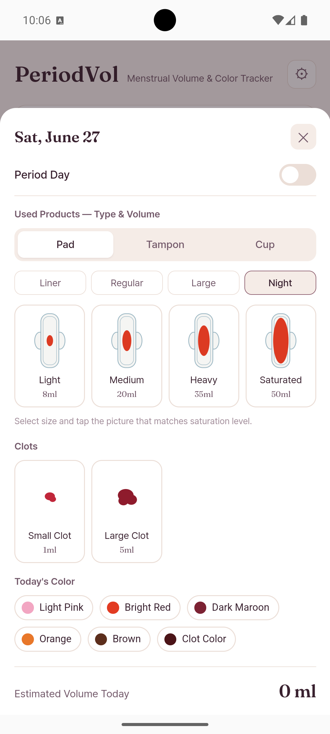 PeriodVol logging sheet: tap the pad, tampon or cup picture that matches your saturation